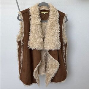 Gianni Bini Brown Suede Look Vest with Cream Faux Fur Trim